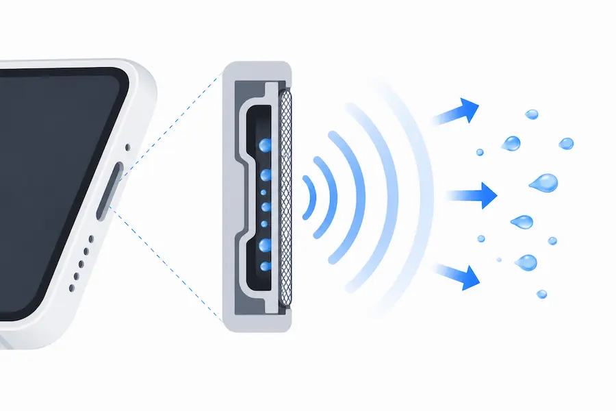 Water trapped inside a phone speaker causing muffled sound