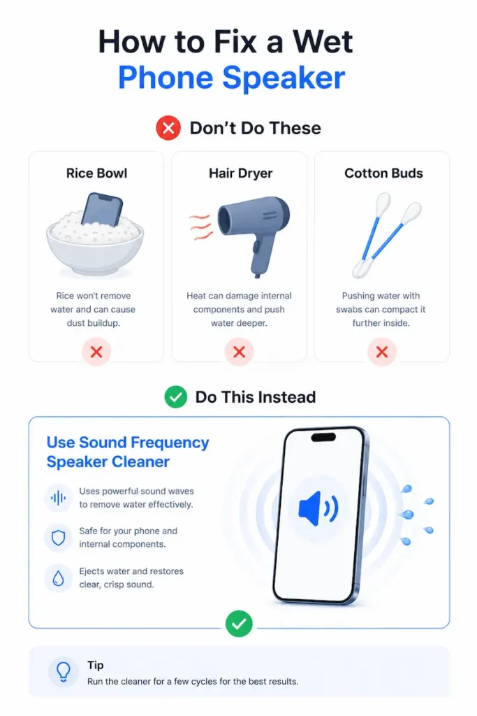 Rice and hair dryer compared with sound frequency speaker cleaning
